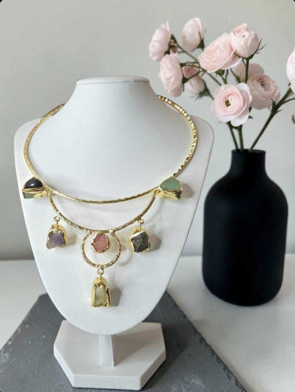 18k Gold Plated Hammered Boho Genuine Crystal Stone Torque Statement Necklace